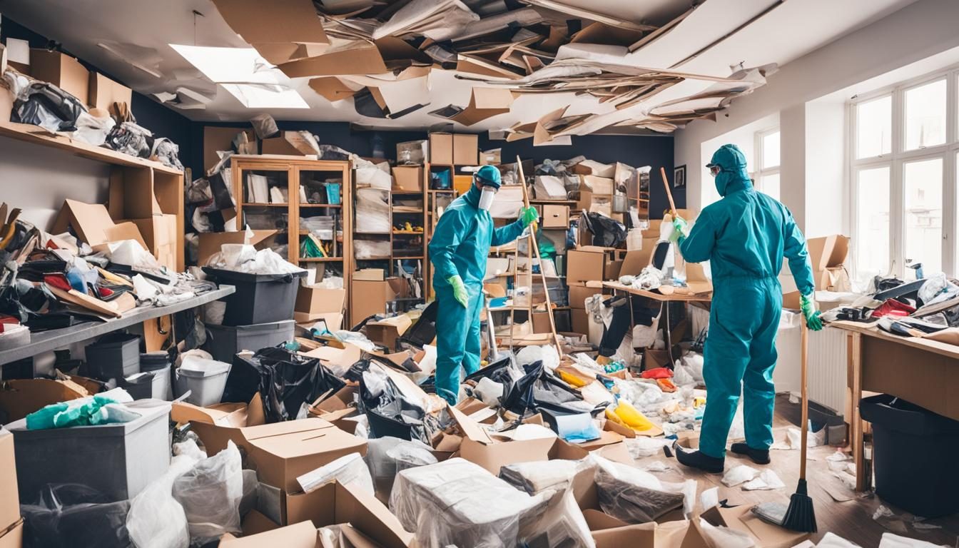 Technicians in protective gear working through a cluttered room