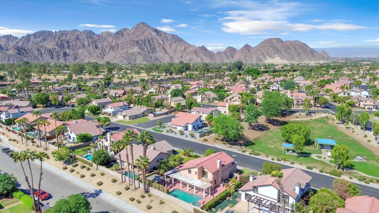 Aerial view of a gated Coachella Valley residential community