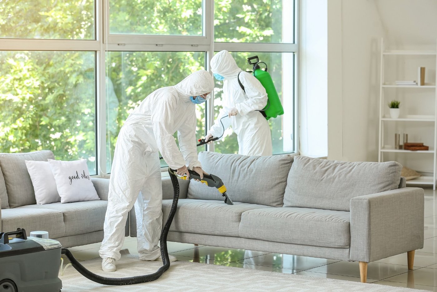 Two-person team performing decontamination work together